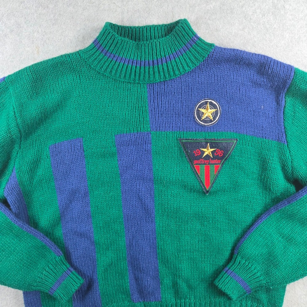 Geoffrey Hunter Sweater Mens L Green Blue Colorblock Vintage Mock Neck Patch